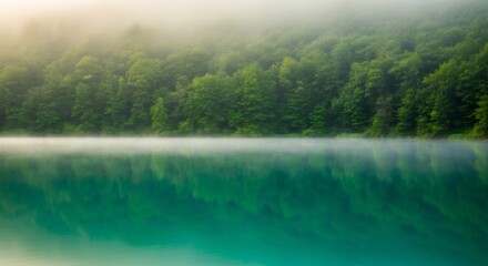Emerald green lake with reflections of dense forest covered in fog. Natural landscape, color of 2026 year concept, for nature backgrounds and tranquility.