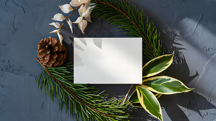 Blank white card surrounded by pinecone, green leaves, dried flowers on dark textured surface, seasonal flat lay