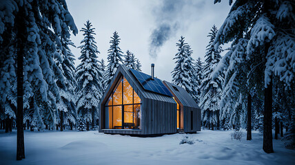 Cozy wooden cabin with glowing windows and chimney smoke in snowy twilight forest, peaceful winter retreat