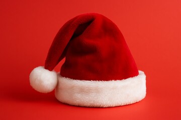 Santa hat placed on red background symbolizing Christmas season and festive celebration