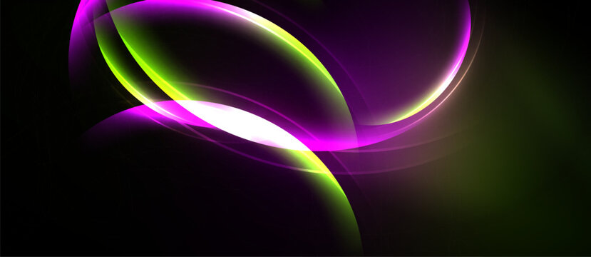 Abstract glowing shapes overlap, creating vibrant purple, green hues. Dark background emphasizes luminosity, smooth gradients present.