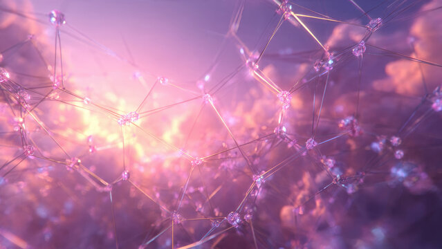 Glowing purple crystal nodes form an interconnected network against soft, vibrant pink and orange clouds, evoking abstract celestial technology.