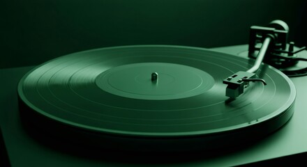 Vinyl record spinning on a green turntable. Retro music player with dark green color. Vintage sound equipment for music lovers and audio content.