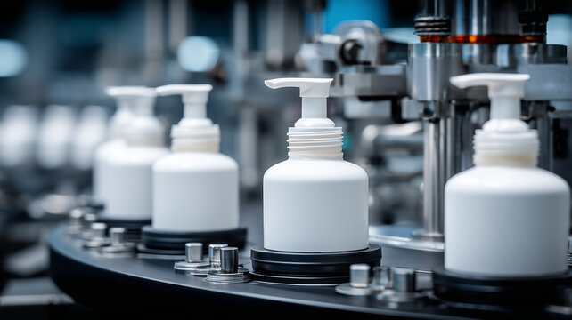 A production line of pump bottles being prepared in an automated facility representing hygiene manufacturing consistency and modern product workflow.
