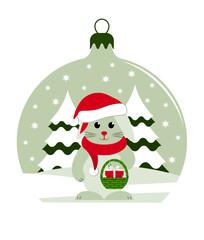bunny with gift in basket in christmas ball isolated on white background