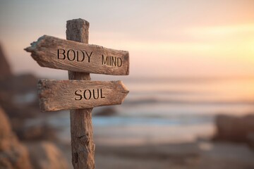 Wooden signpost pointing towards body mind and soul at a serene beach during sunset