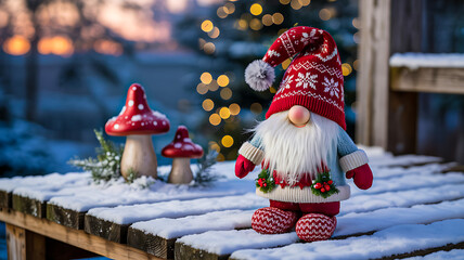 Festive gnome in red winter attire with mushrooms on snowy wood surface, blurred Christmas lights and tree in background