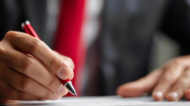 A man is writing with a red pen on a piece of paper. Concept of professionalism and formality, as the man is dressed in a suit and tie. The red pen adds a touch of color