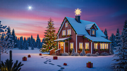 Snow-covered Christmas house with glowing lights, decorated tree, presents, and footprints in serene winter landscape