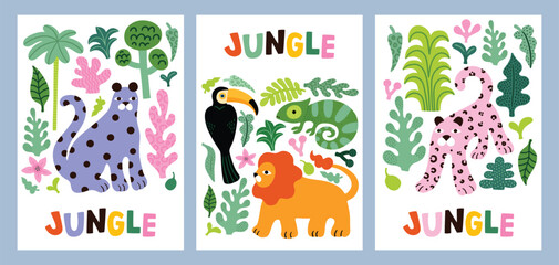 Childish jungle poster with cute lion, chameleon, toucan, leopard. Jungle tropic leaves, bright colors. Perfect for fabric, textile, nursery posters, greeting cards.