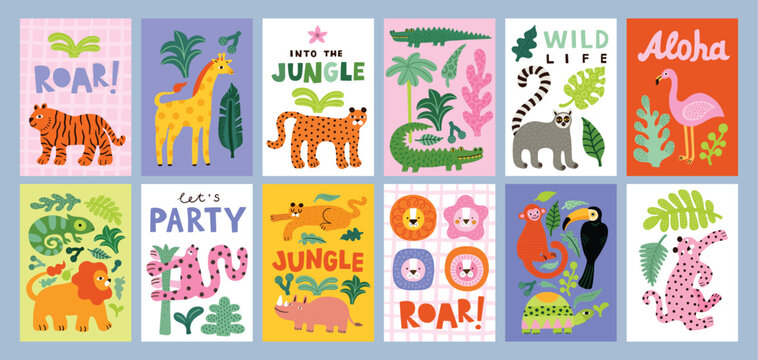 Childish tropical jungle poster with cute lion, tiger, crocodile, giraffe, leopard, toucan, turtle, flamingo, lemur, rhino, leaves. Perfect for fabric, textile, greeting cards big set, collection.