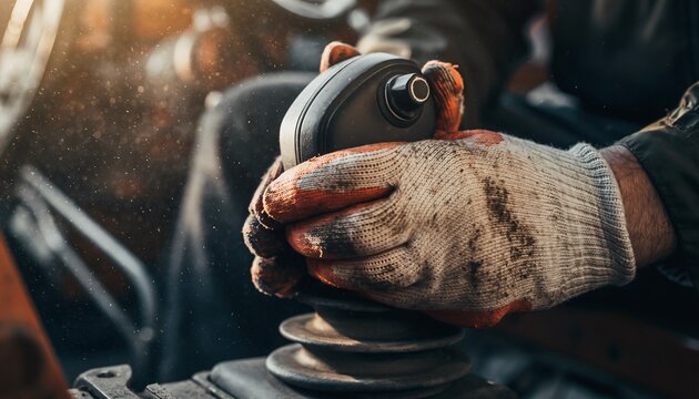 Close-up of a worker's gloved hands using a power tool to grind a metal part, with dust particles visible in the light.