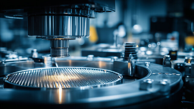 A precision semiconductor fabrication machine processing a wafer representing advanced manufacturing technology and microengineering.
