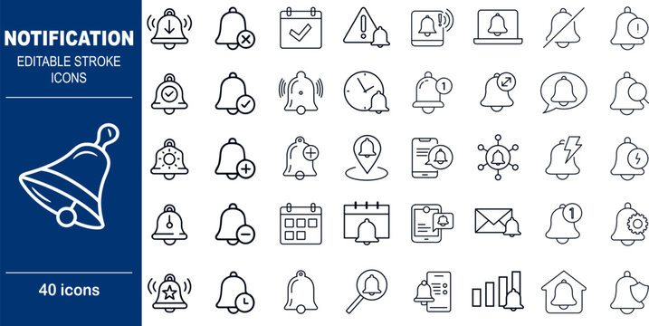 Notification and Alert System Vector Icons. Set of 40 editable stroke symbols for app alerts, reminders, and status updates. Includes bell states, warnings, and confirmations