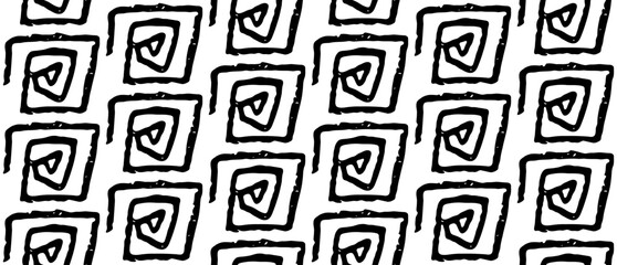 Abstract black spirals create a bold, hand drawn seamless pattern on a white background, ideal for modern design, textiles, and creative projects.