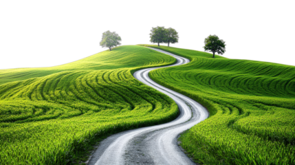A winding road through lush green fields with trees on a hilltop