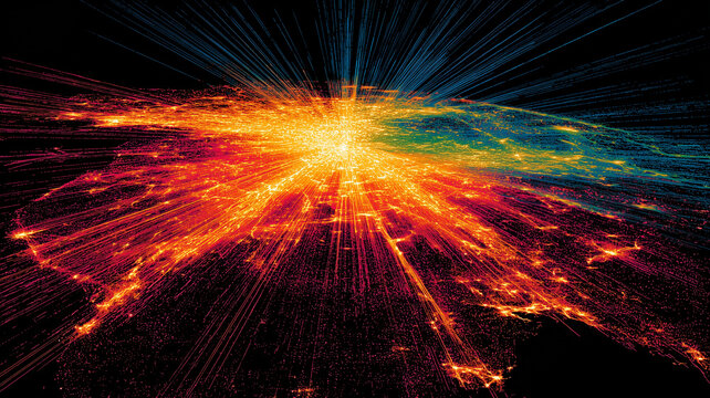 A vibrant heatmap of Earth with radiating light represents data flow, technological intensity and global digital infrastructure visualization.
