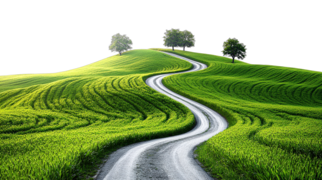 A winding road through lush green fields with trees on a hilltop
