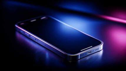 Smartphone lying on a reflective surface with vibrant neon accents suggesting night time digital culture, entertainment on the go and the always connected mobile era.
