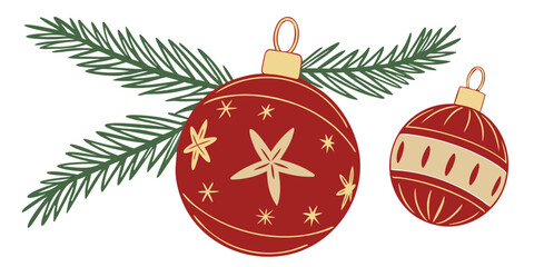 festive christmas red ornament balls with gold star patterns hanging from green pine branches holiday decoration set on white background
