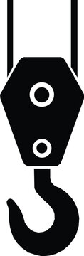 Industrial crane hook and pulley system depicted in a bold black silhouette.