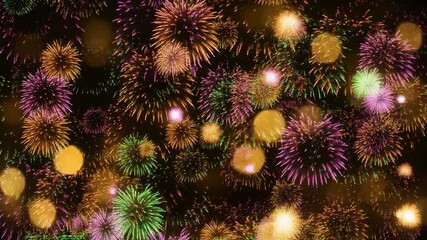 Dynamic abstract festive fireworks display against a dark night background, featuring green, purple, and golden bursts of light, celebration theme.