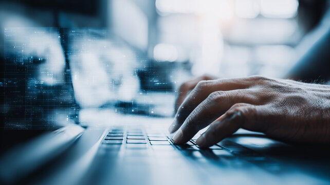 Typing hands with a holographic data overlay represent cybersecurity, digital systems and real time interaction with protected networks.
