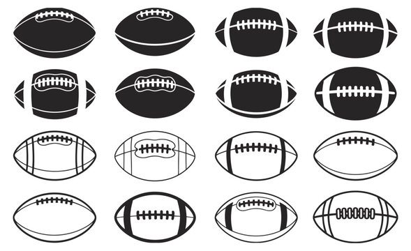 American football and rugby ball silhouettes, sports ball vector illustrations, SVG and digital graphics, American football and rugby concepts, isolated on white background, icons for apps, websites,  - Powered by Adobe