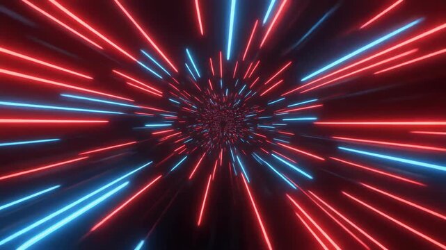 Abstract hyperdrive space travel with fast moving red and blue neon light streaks tunnel motion background creating an immersive high-speed journey.