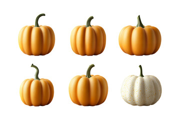 Six small pumpkins in a grid five orange and one white isolated on a white background.