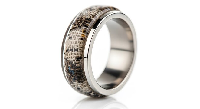 Wide Metal Band Ring with Textured Woven Mesh Material Inlay Modern Jewelry Design - Powered by Adobe
