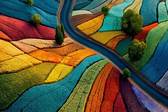 Aerial shot of colorful farmland patterns. Generative AI