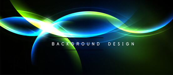 Abstract waves, vibrant colors, glowing lines create dynamic background. Text reads background design. Modern, sleek visual presentation.
