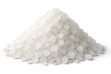 Coarse sea salt crystals forming a white mound, natural cooking ingredient for seasoning food, transparent background