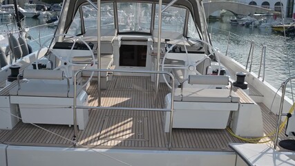 Limassol, Cyprus - May 22, 2025: Limassol Boat Show 2025 at Limassol. Spacious yacht deck, dual steering wheels, and stainless steel railings, perfect for leisure sailing and relaxation.