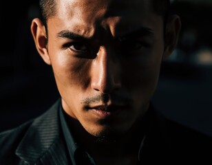 Fototapeta premium Intense Portrait of Young Man with Strong Expression in Shadows
