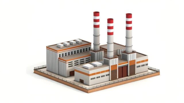 Isometric 3d model of a factory building with smokestacks isolated on white background motion animated video 4k