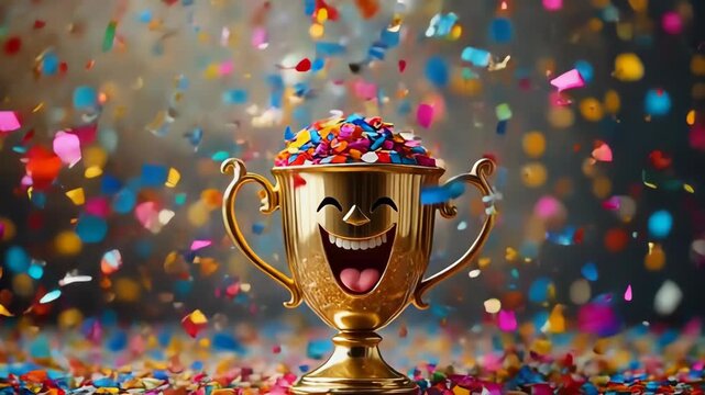 Golden trophy with a big smile filled with colorful confetti during celebration event with flying confetti and confetti on the ground
