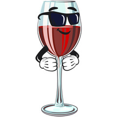 cute wine glass mascot character with red wine wearing sunglasses calmly, fun cartoon drink vector illustration, work of hand drawn