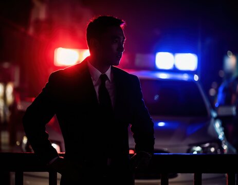 Nighttime Security Officer Silhouette with Police Lights Background