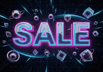 Neon geometric SALE banner with bright glowing elements