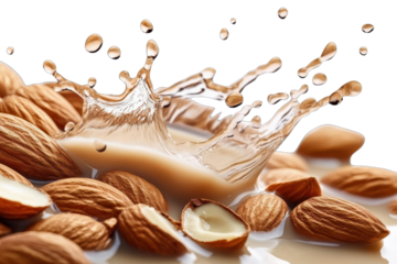 Almonds with milk splash showing healthy food concept
