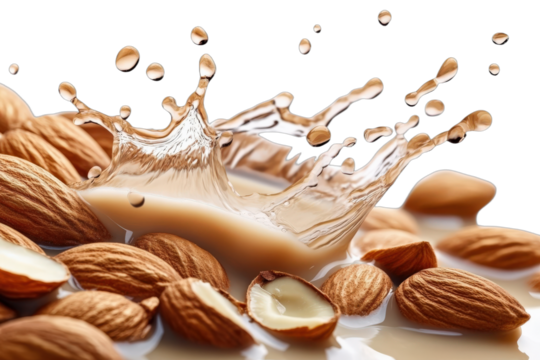 Almonds with milk splash showing healthy food concept