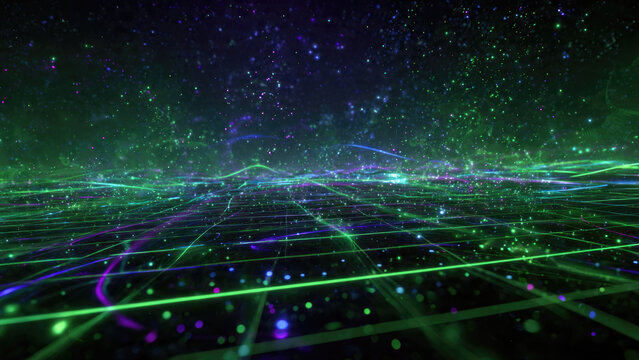 An abstract digital landscape showcasing glowing green and purple grid lines, dynamic data streams, and sparkling particles, symbolizing a futuristic network.