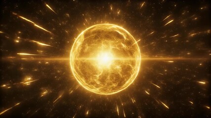 Golden energy ball emitting powerful light rays within a field of glowing particles, science, and cosmic exploration background. - Powered by Adobe