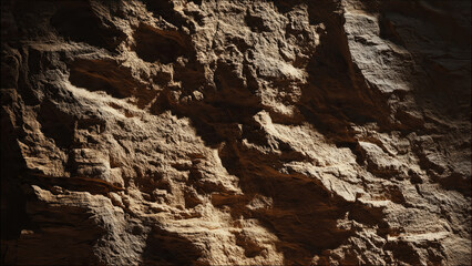 Obraz premium Close-up of a rugged, textured rock wall bathed in dramatic sunlight and shadow, highlighting intricate geological formations and earthy tones.