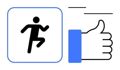 Success concept. Success through running figure and thumbs-up symbol motivation to achieve goals. Success in fitness, self-improvement, teamwork, productivity, lifestyle