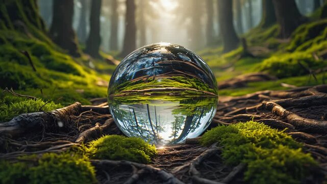 Crystal ball reflecting a lush forest scene on mossy ground motion animated video 4k