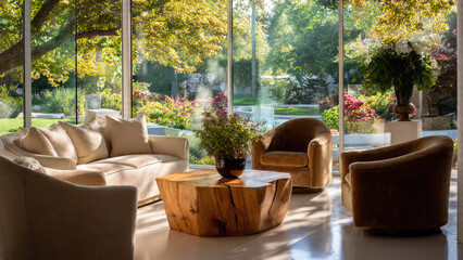 A serene, sun-drenched living room with panoramic garden views features a plush sectional, velvet armchairs, and a rustic wooden coffee table. Elegant indoor-outdoor living.