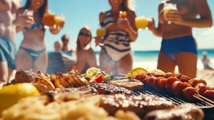 Video People enjoying a barbecue on a sunny beach day